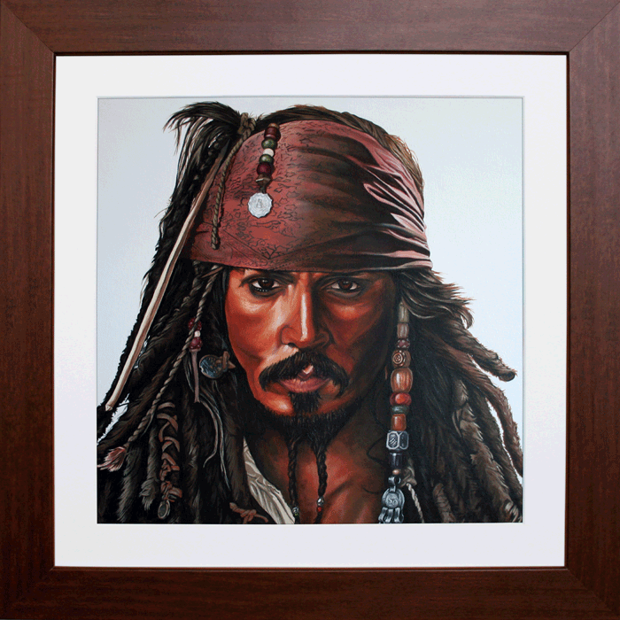 Captain Jack Sparrow in Square Wooden Frame with White mount 